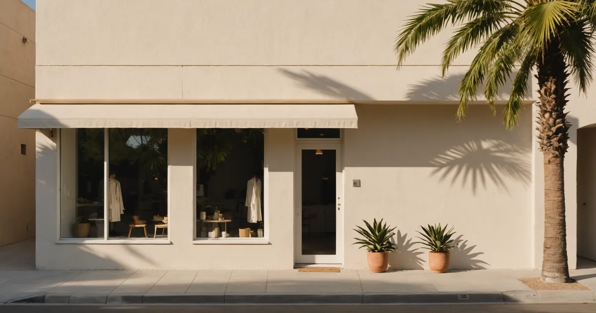 Los Angeles independent boutique exterior: warm afternoon light on a minimal storefront