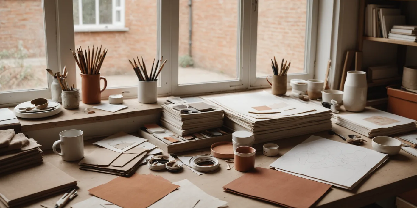 Independent fashion designer working at a studio worktable, fabric samples and garment sketches arranged nearby