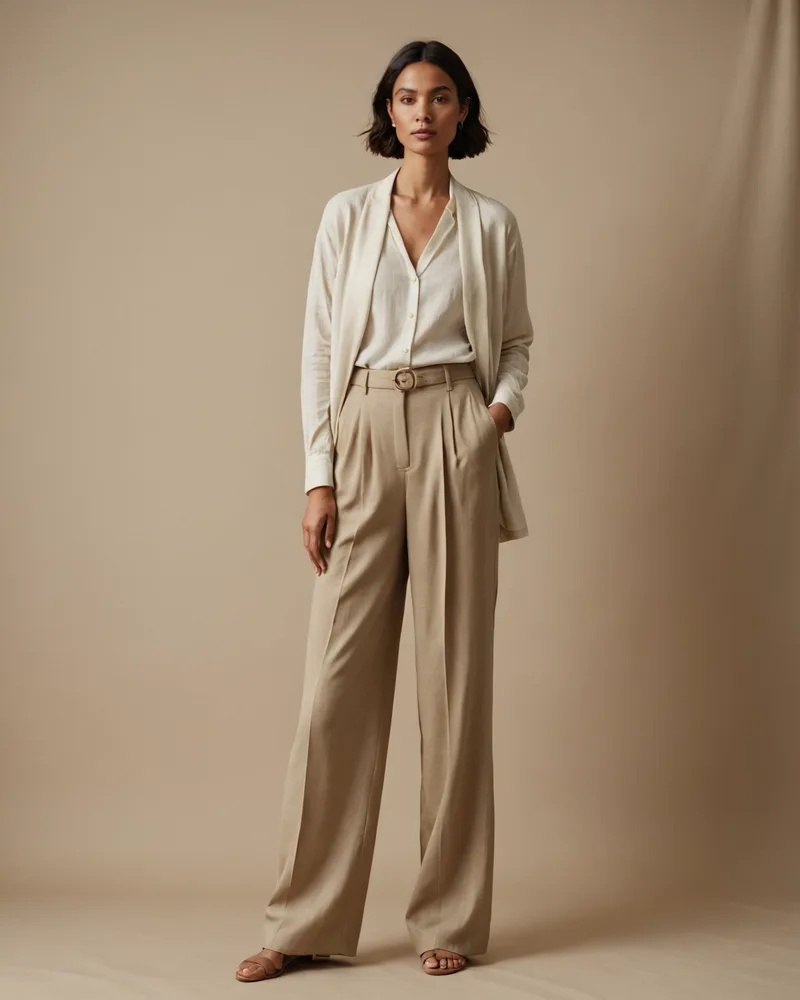 Editorial outfit styling: structured wide-leg trousers and draped top in clay and warm cream tones