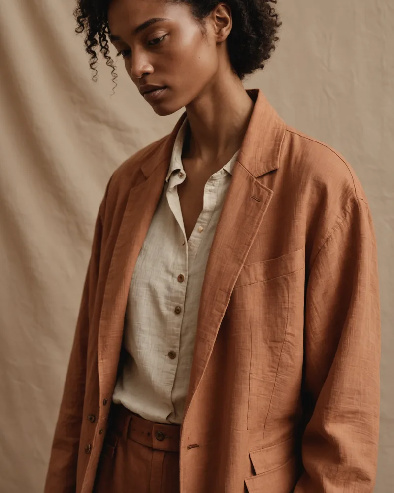 Close-up fashion detail: textured hand-dyed natural linen jacket with organic weave